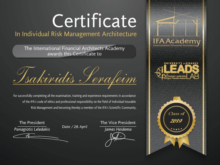 Individual Risk Management Architect (IRMA) Certificate - Tsakiridis Serafeim